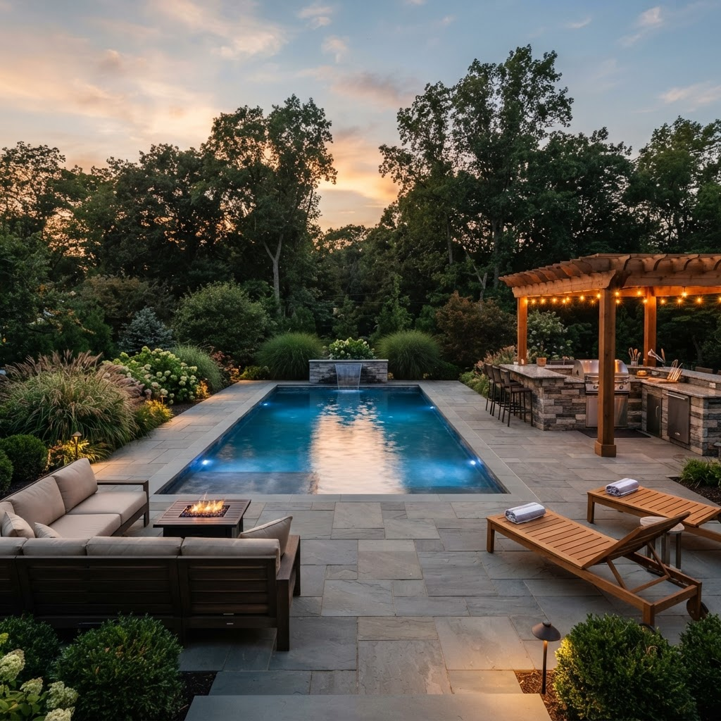 Custom backyard pool, bluestone patio, and outdoor kitchen at dusk